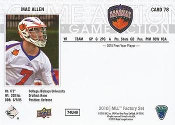 2010 Upper Deck Major League Lacrosse #78 Mac Allen Back